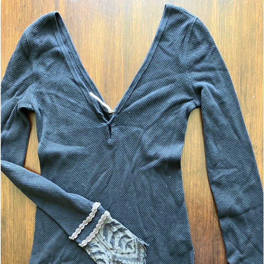 We The Free black v neck waffle cotton shirt with lace accents